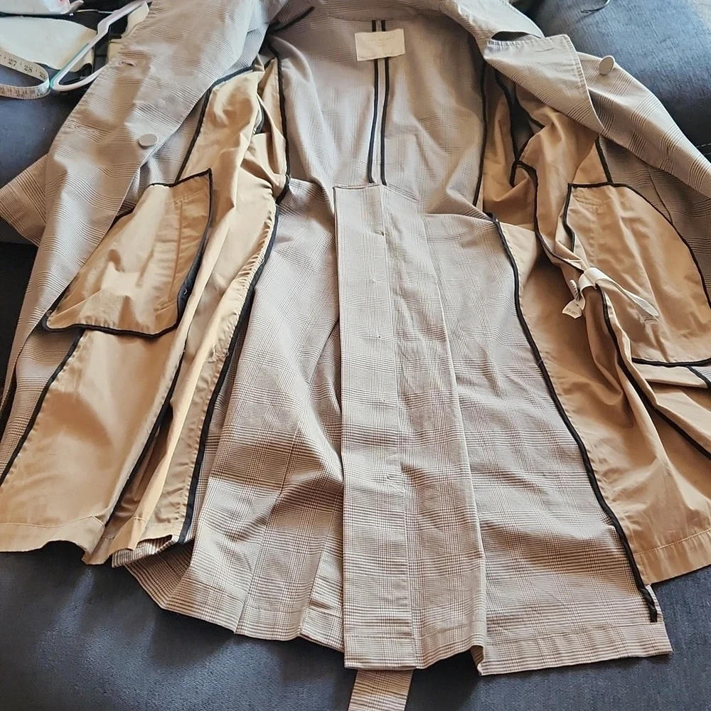 Zara Tan Plaid Houndstooth Double Breasted Trench Coat Size M - Picture 15 of 16